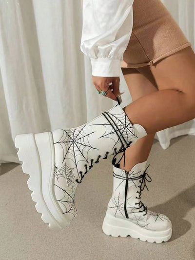 White Spider Embroidered Thick-Soled Boots: High Heel Mid-Calf Boots for Women