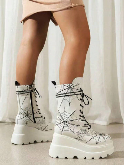 White Spider Embroidered Thick-Soled Boots: High Heel Mid-Calf Boots for Women