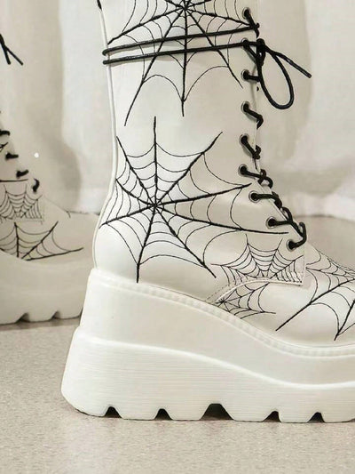 White Spider Embroidered Thick-Soled Boots: High Heel Mid-Calf Boots for Women