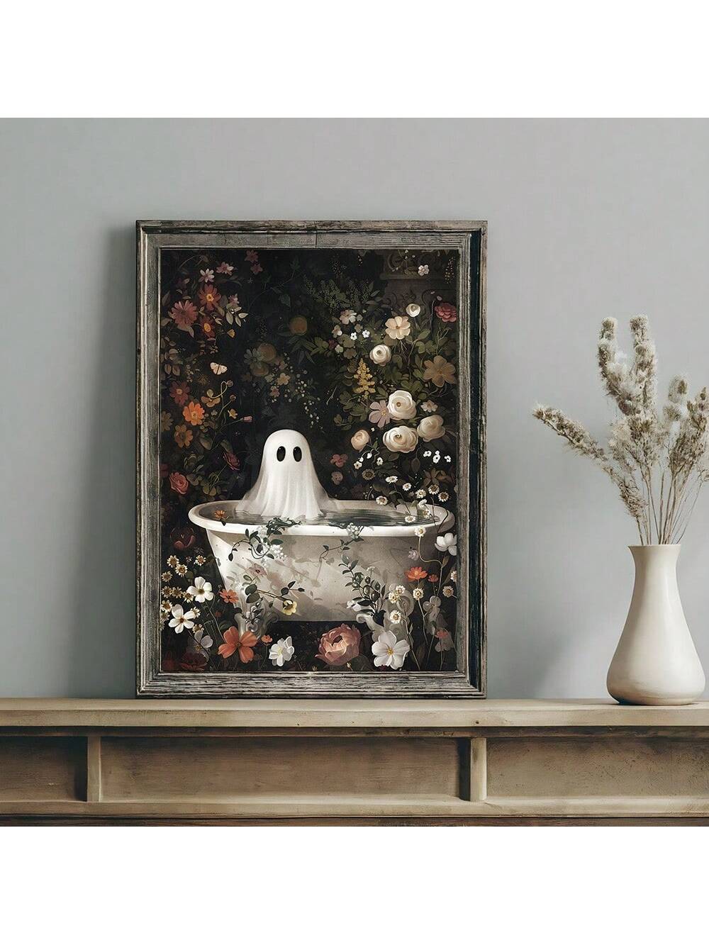 Elevate your home decor with this Vintage Floral Ghost Halloween Art Decor Poster. Its Dark Academia style and canvas painting print add a touch of elegance to any room. Bring a spooky yet sophisticated element to your home with this beautiful and unique piece.