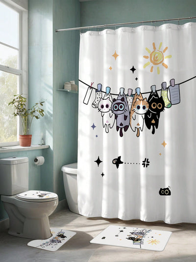 Cat Lover's Dream: Anti-Mildew Cat Printed Shower Curtain with Hooks - Modern Bathroom Decoration