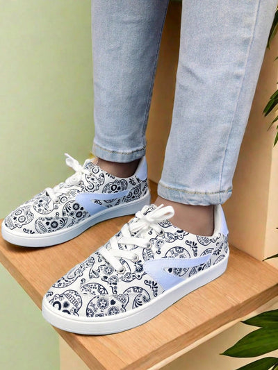 Step up your Halloween style game with our Stylish Skull Print Lace-Up Sneakers! Featuring a unique and edgy skull design, these sneakers are the perfect accessory for any Halloween festivities. With a lace-up closure, these shoes provide a secure and comfortable fit while adding a touch of spooky fashion to your outfit.