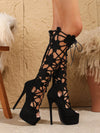 Chic Over-the-Knee Waterproof Platform Boots with Cut-Out Laser Design & Tied Straps