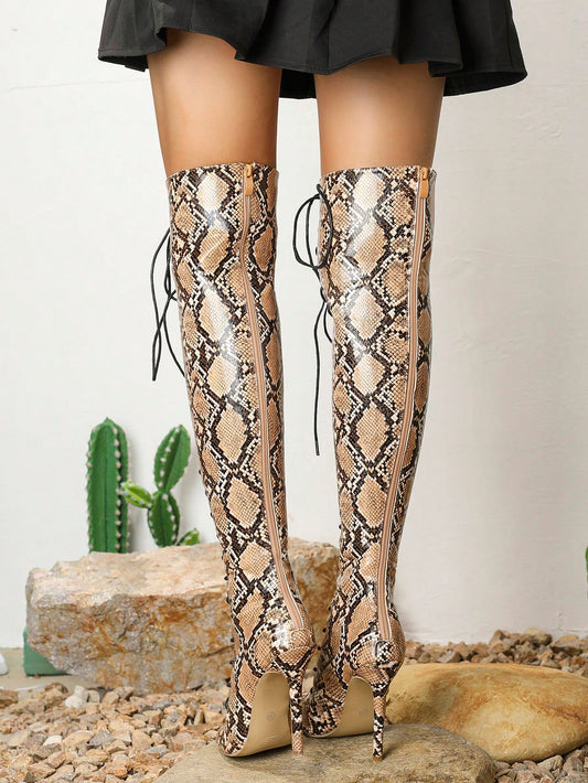 Snake Print Stiletto: Knee-High Fashion Sandals for Women