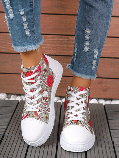 European Style Plus Size 3D Printed High Top Sneakers in White