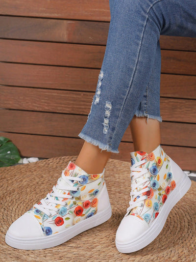 European Style Plus Size 3D Printed High Top Sneakers in White