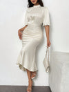 Elegant Puff Sleeve Satin Dress with Cinched Waist & Fishtail Hem