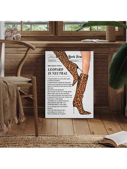 Vintage Leopard Boots and Newspaper Art Canvas Poster Set: Aesthetic Wall Art for Home Décor