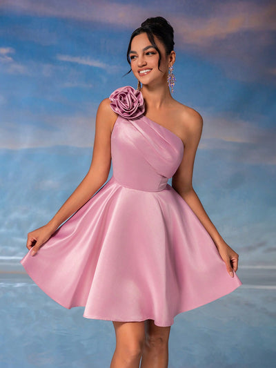 Elegant One-Shoulder Floral Gown in Lotus Pink for Weddings, Graduations, and Prom