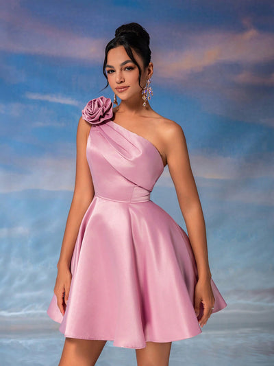 Elegant One-Shoulder Floral Gown in Lotus Pink for Weddings, Graduations, and Prom