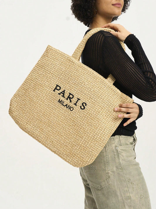 Beach Babe Essential: Oversized Straw Tote with Big Letter Weave - Perfect for Summer Getaways