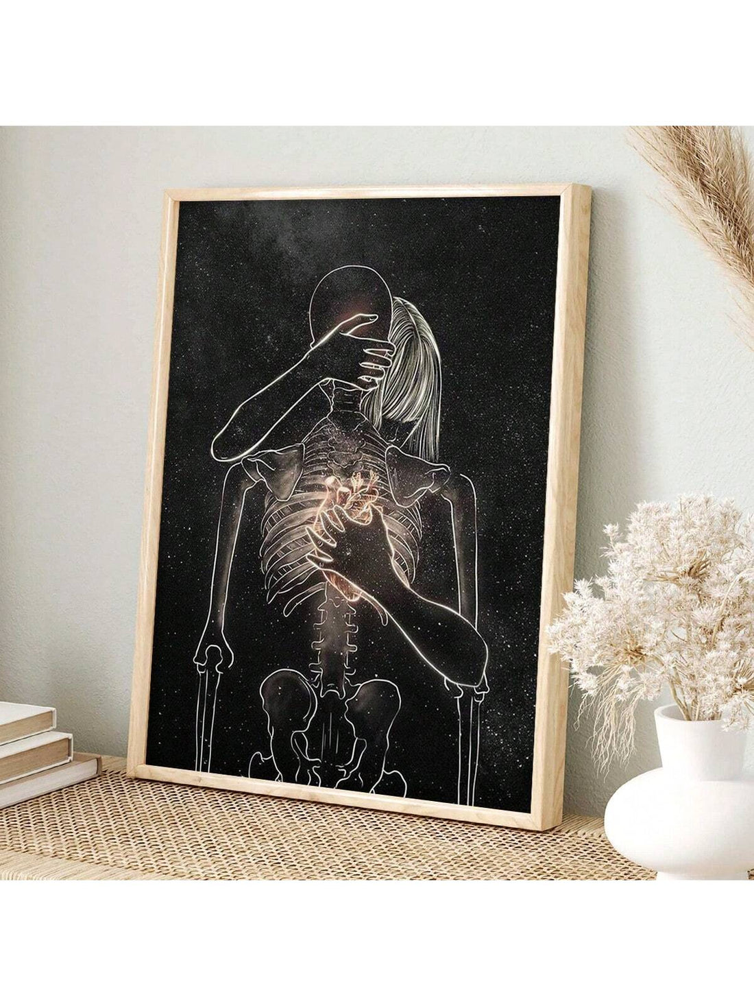 Elevate your home decor with our "Embrace the Darkness" canvas wall art featuring a striking skeleton couple. Infuse a touch of romance and edge into your space. Made with high-quality materials and expertly crafted, this piece adds instant character and depth to any room.