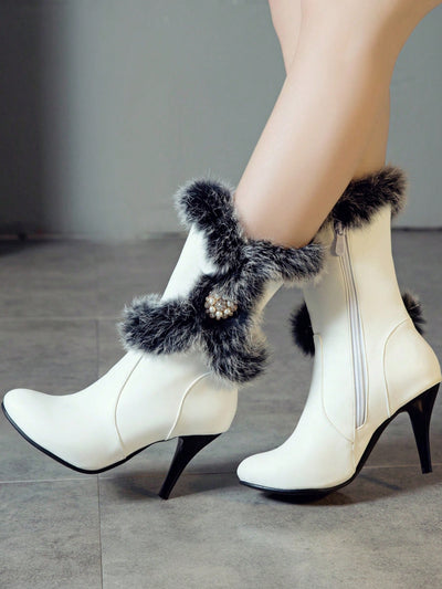 Stay Stylish and Cozy with Women's Genuine Rabbit Fur High Heel Short Boots