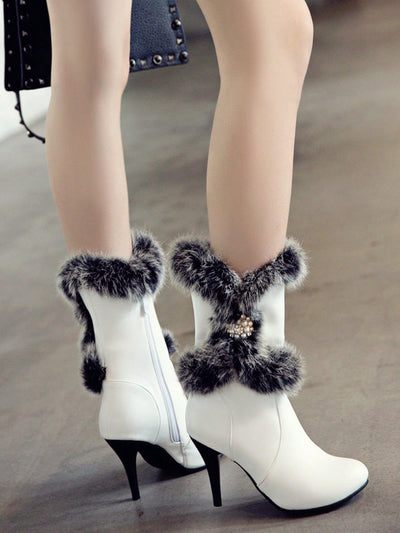 Stay Stylish and Cozy with Women's Genuine Rabbit Fur High Heel Short Boots