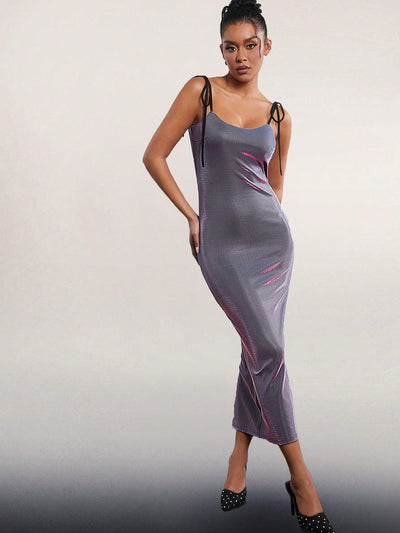 Glamorous Haute Metallic Tie Strap Cami Bodycon Dress with Chic Slit Detail