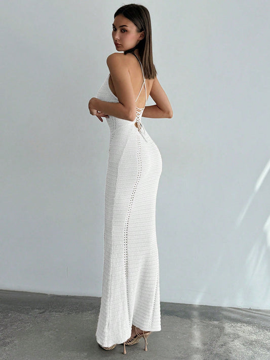 Stunning Backless Crochet Dress with Deep V-Neck and Spaghetti Straps