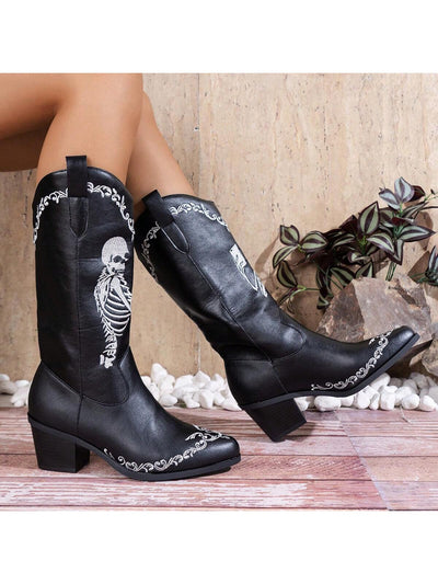 Stunning Skull Design Chunky Heel Riding Boots: A Western Holiday Must-Have