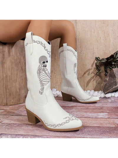 Western Rider Chic: Skull Head Chunky Heel Mid-Calf Boots for Women