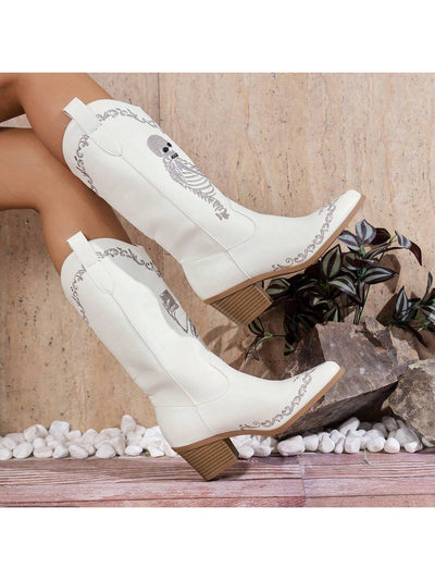 Western Rider Chic: Skull Head Chunky Heel Mid-Calf Boots for Women