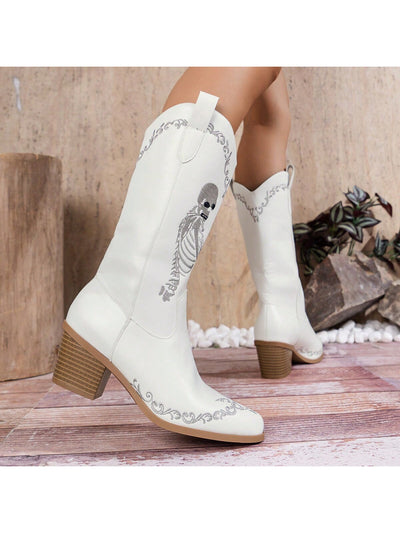 Western Rider Chic: Skull Head Chunky Heel Mid-Calf Boots for Women