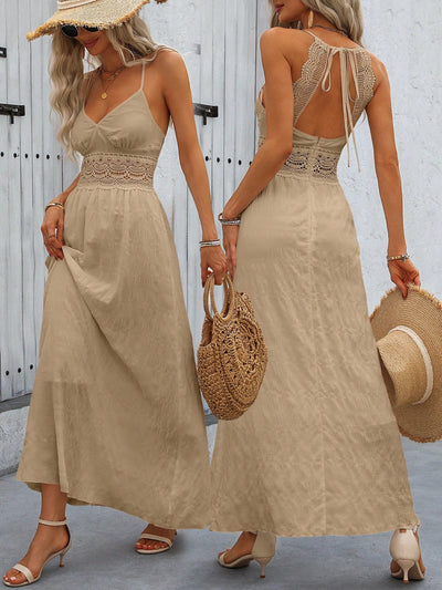 Chic Hollow Spaghetti Strap Backless Flare Dress for Effortless Vacation Style