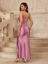 Pleated Perfection: Solid Color Halter Neck Dress with Side Slit