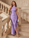 Pleated Perfection: Solid Color Halter Neck Dress with Side Slit