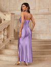 Pleated Perfection: Solid Color Halter Neck Dress with Side Slit