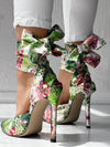 Blooming Beauty High Heels: Floral Print Satin Bow Tie Shoes for Party and Events