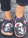 Skull & Red Rose Print Casual Halloween Sneakers - Comfortable Lace-up Loafers for Women