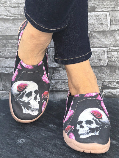 Skull & Red Rose Print Casual Halloween Sneakers - Comfortable Lace-up Loafers for Women