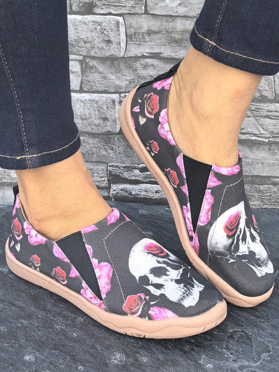 Skull & Red Rose Print Casual Halloween Sneakers - Comfortable Lace-up Loafers for Women