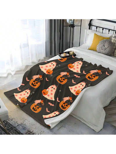 Cozy Halloween Ghost Printed Flannel Blanket: Perfect for Home, Office, or Travel