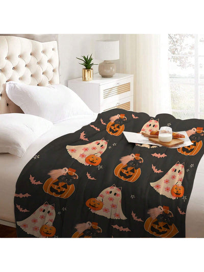 Cozy Halloween Ghost Printed Flannel Blanket: Perfect for Home, Office, or Travel