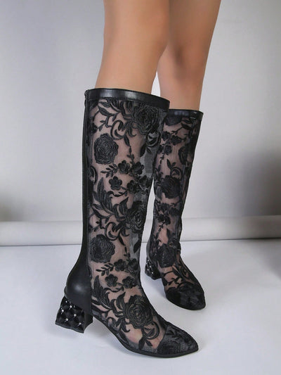 Black Floral High Heel Mesh Boots: Stylish and Breathable for Every Occasion