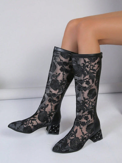 Black Floral High Heel Mesh Boots: Stylish and Breathable for Every Occasion