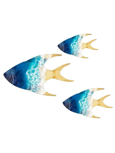 Coastal Charm: 3-Piece Blue Wooden Fish Wall Art for Pool and Terrace Decor