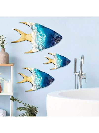 Coastal Charm: 3-Piece Blue Wooden Fish Wall Art for Pool and Terrace Decor