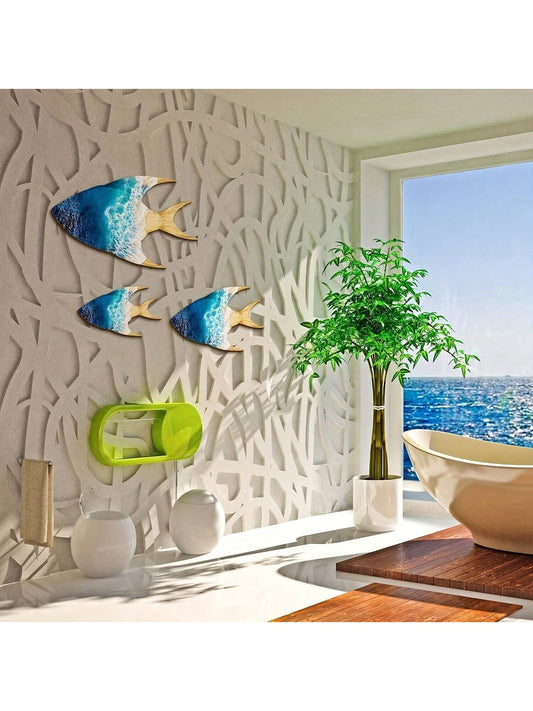 Coastal Charm: 3-Piece Blue Wooden Fish Wall Art for Pool and Terrace Decor