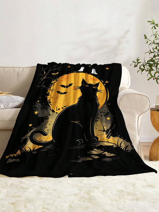 Festive Halloween Plush Blanket with Spooky Animal Patterns - Perfect for Home Decor and Travel