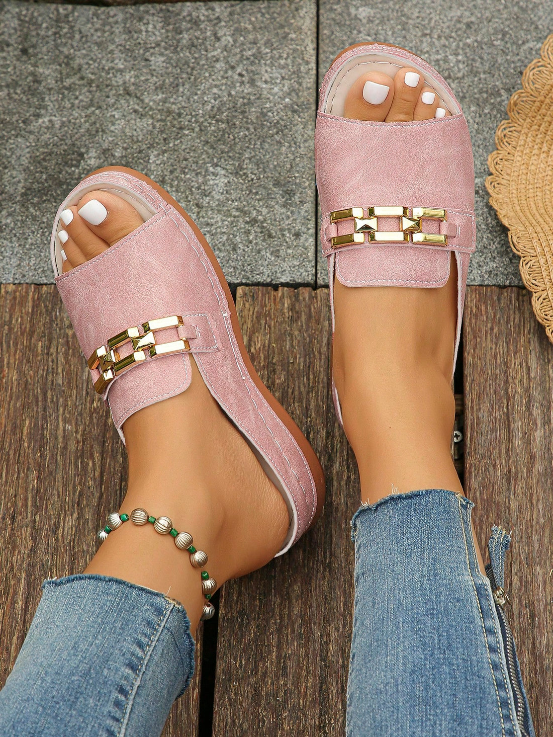 Step into style and comfort with Chic Comfort's Plus Size Pink Wedge Heel Slippers! These slippers feature a playful metal chain detail, adding chic flair to your everyday look. With a comfortable wedge heel, you'll never want to take these quirky and fun slippers off!