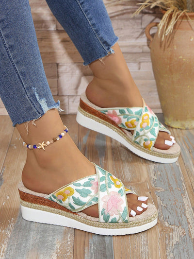 Floral Fantasy: Women's National Style Wedge Heel Slippers