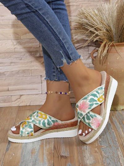 Floral Fantasy: Women's National Style Wedge Heel Slippers