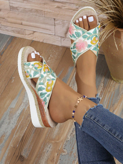 Floral Fantasy: Women's National Style Wedge Heel Slippers