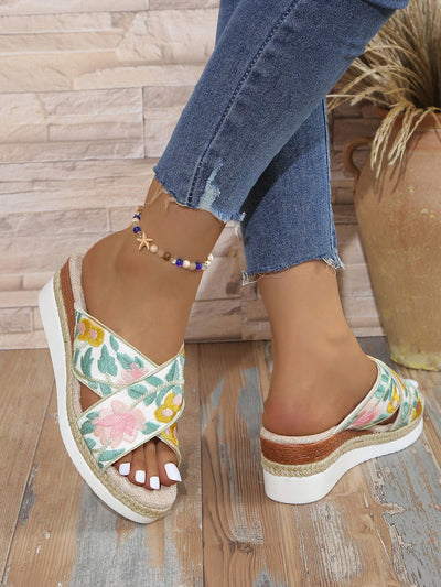 Floral Fantasy: Women's National Style Wedge Heel Slippers