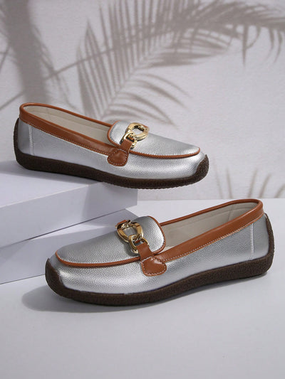 Metallic Charm: Stylish Women's Leather Loafers for a Versatile Casual Look