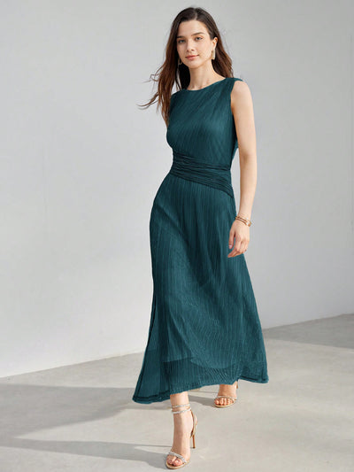 Elegance in Motion: Premium Solid Ruched Waist Plisse Dress