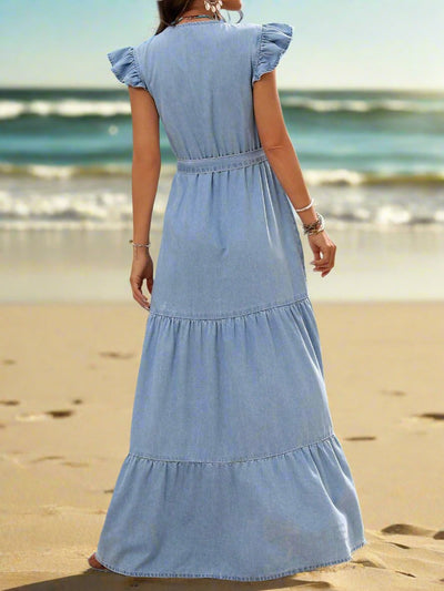 Chic Ruffle-Trim Belted Denim Dress for Effortless Style