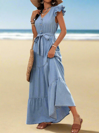 Chic Ruffle-Trim Belted Denim Dress for Effortless Style