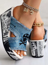 Skeleton Newspaper Print Wedge Sandals: Glam Up Your Halloween Look!